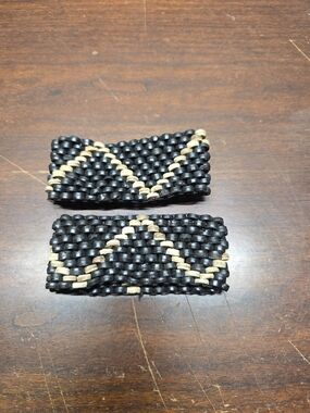 Hand Crafted Wood Bead Cuff Bracelets Black and Tan - Set of 2